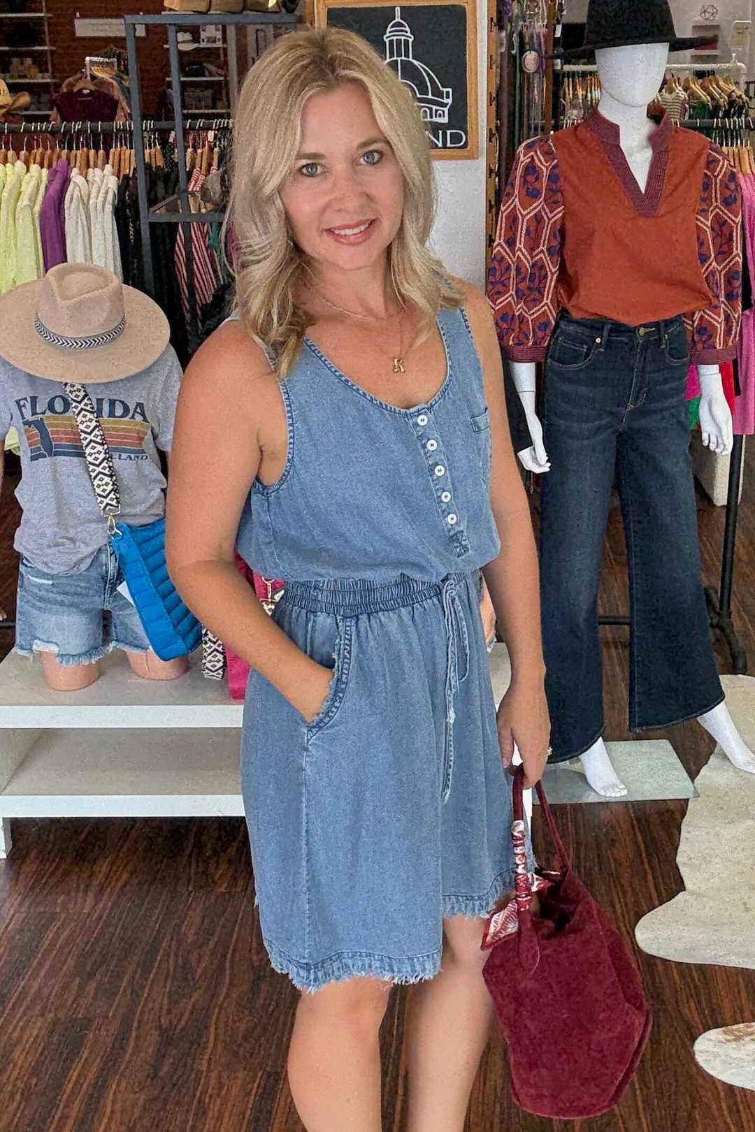 Denim Henley Dress with Frayed Hem