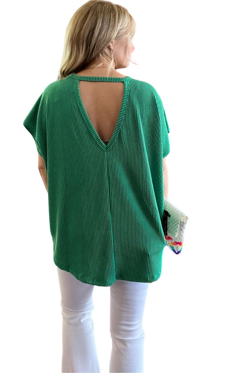 Ribbed Short Sleeve Top with Cut Out Back