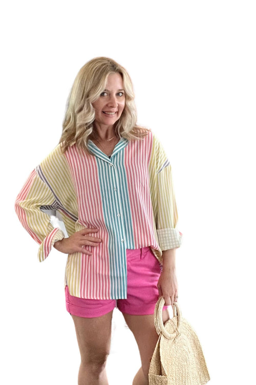 Color Block Striped Long Sleeve Button Down Top