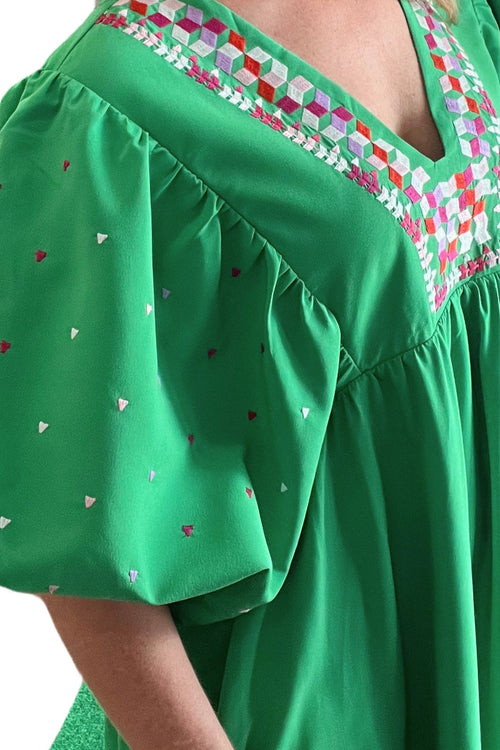 V-Neck Babydoll Dress with Embroidered Neckline