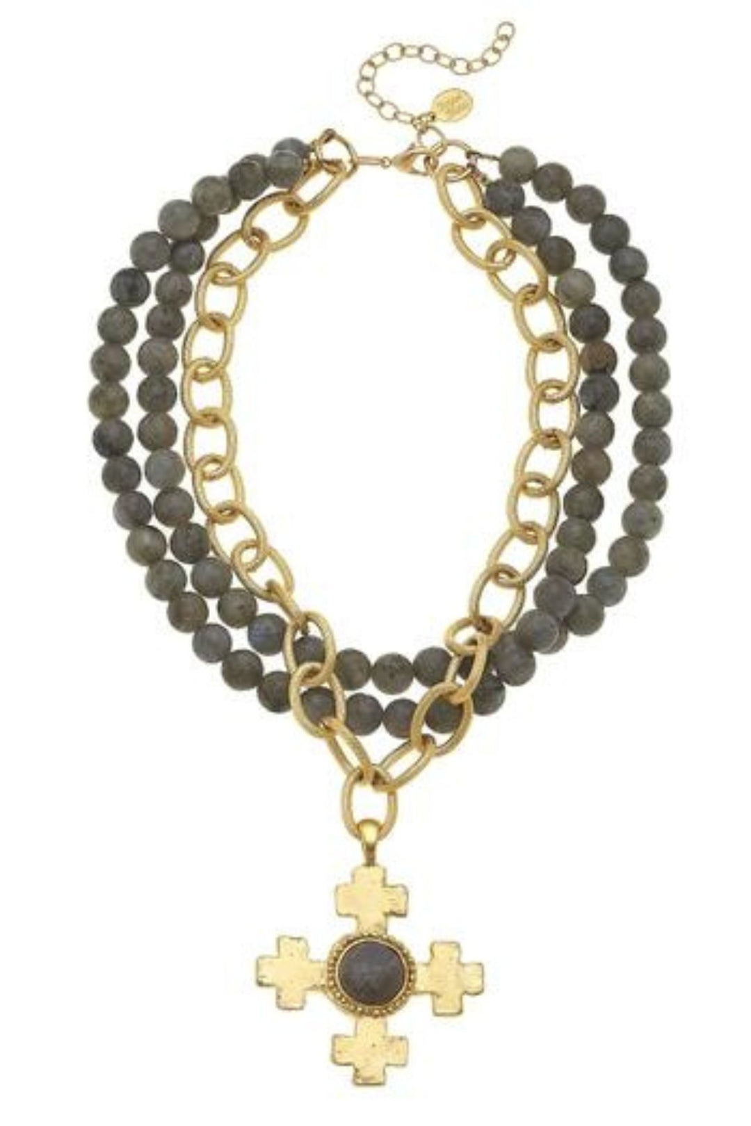Susan Shaw Gold Cross Necklace on 3 Row Labradorite Necklace