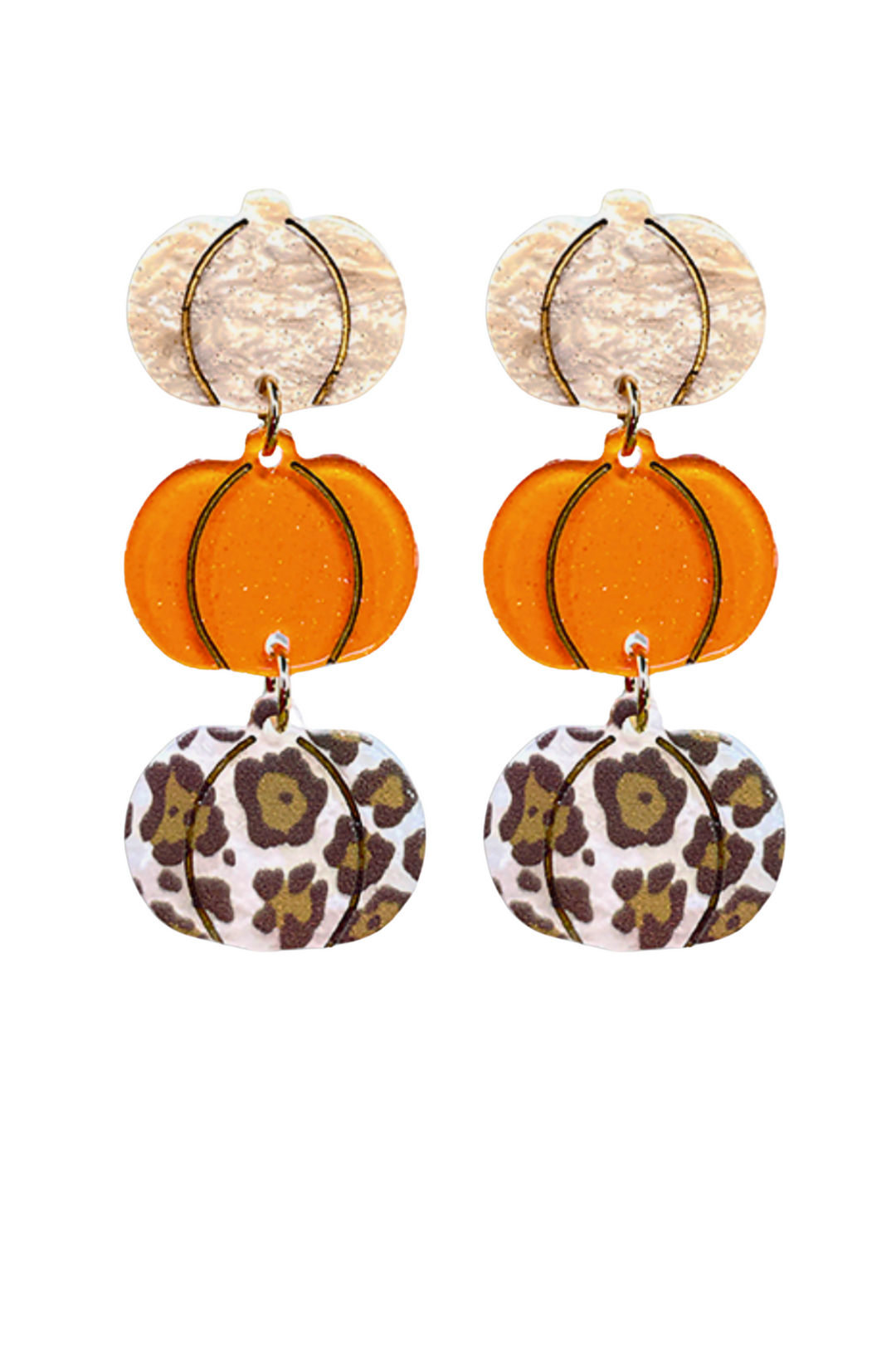 3 pumpkin earring with one cream, 1 orange, 1 leopard print