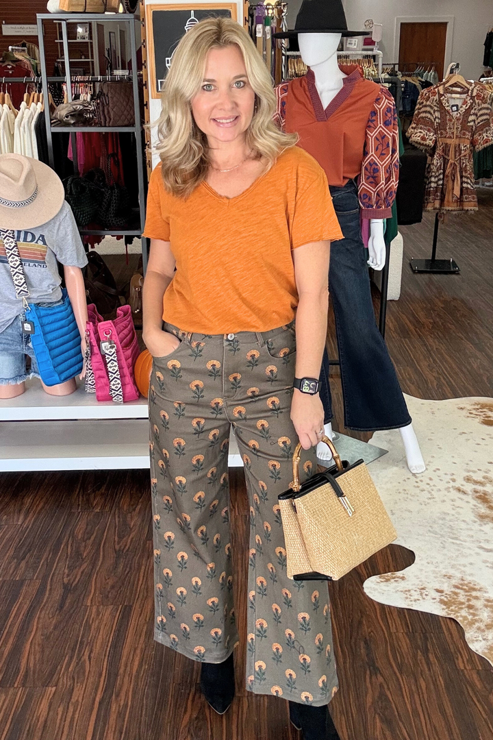 These botanical print wide-leg pants combine comfort and style with a lightweight woven fabric that feels breathable yet non-sheer. Featuring a zip-fly button front closure and belt loops, they offer a secure fit along with front and back patch pockets for practical storage. Their unlined design keeps the look modern and effortless, perfect for a chic everyday outfit.