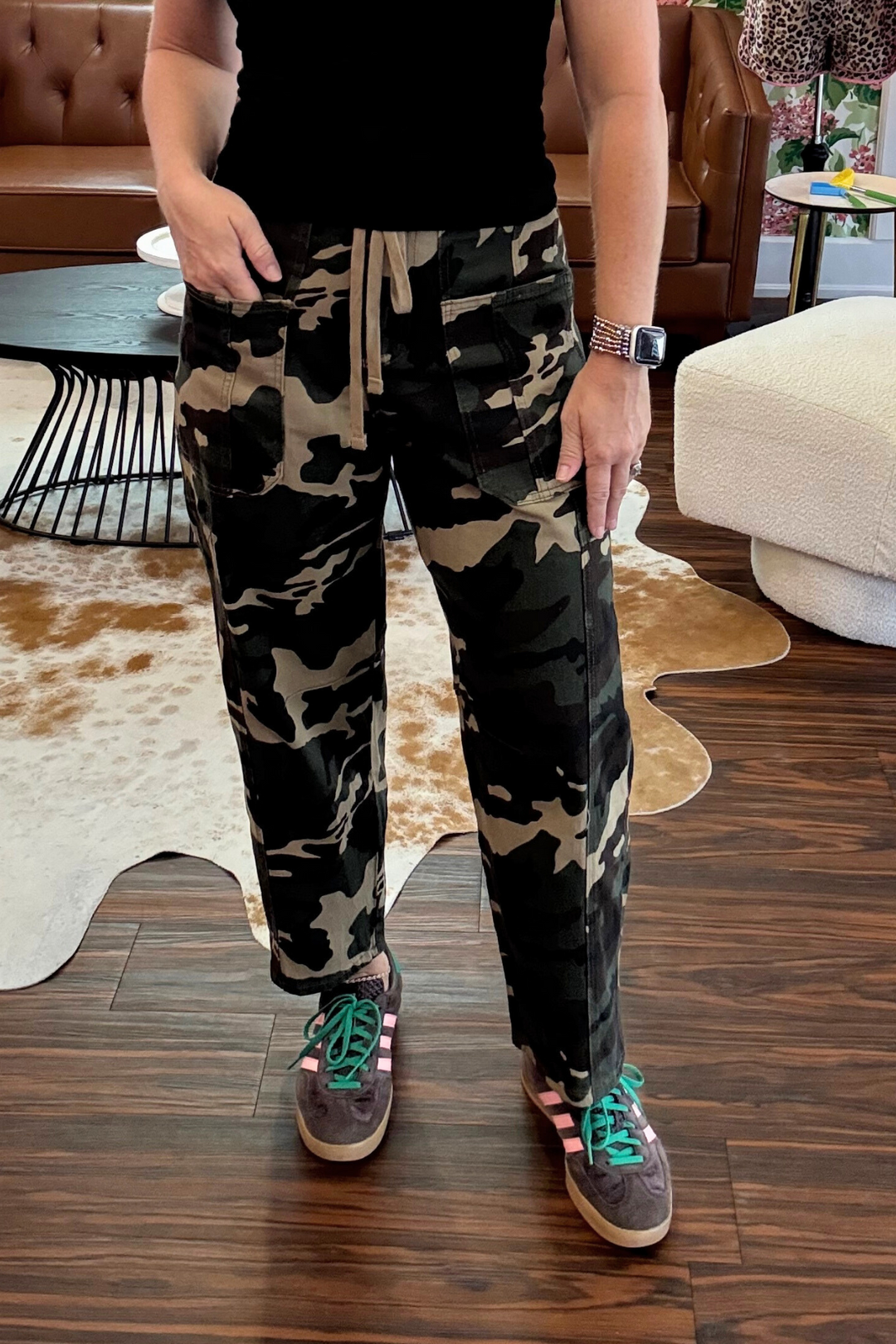 Our Camo Barrel Jeans offer subtle camouflage print 