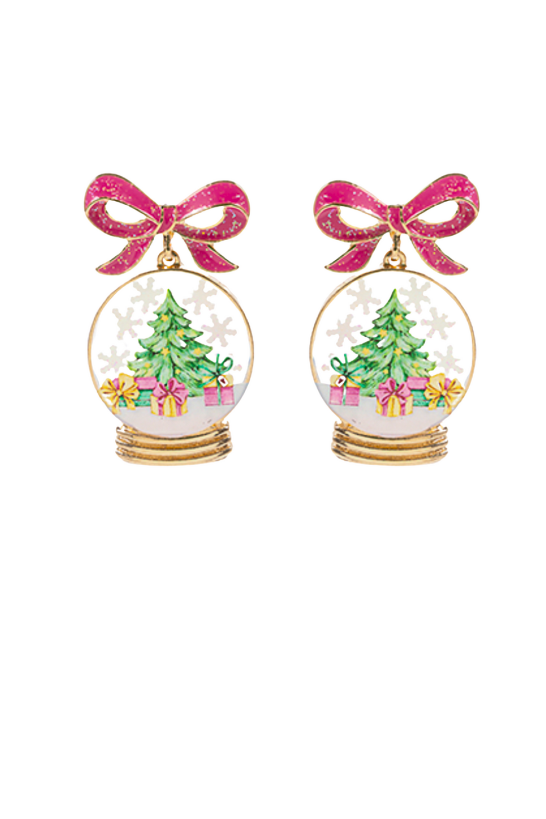 Earrings with Christmas tree and gift design in a snow globe on a white background