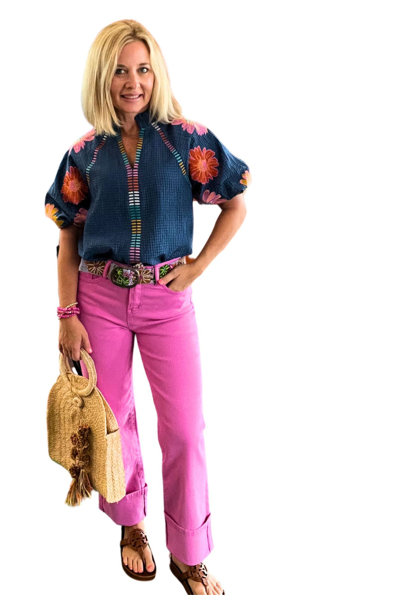 Embroidered Flower Puff Sleeve Top