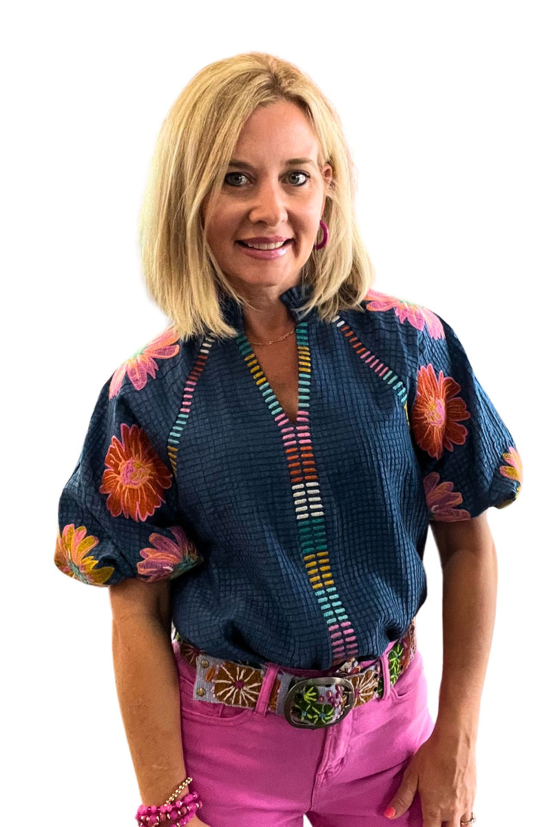 Embroidered Flower Puff Sleeve Top