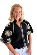 Embroidered Flower Puff Sleeve Top