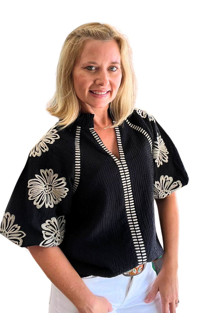 Embroidered Flower Puff Sleeve Top