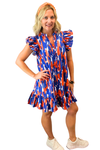 Orange and Blue Flutter Sleeve Mini Dress