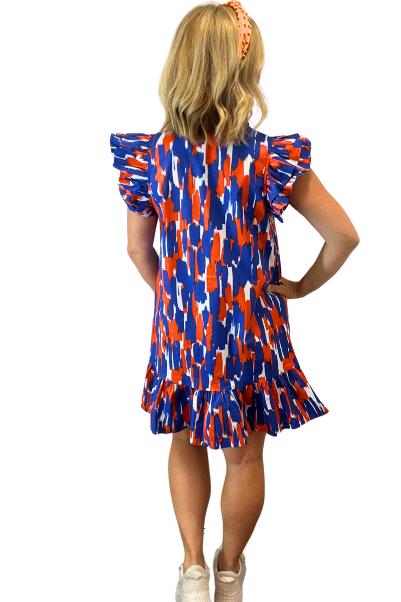 Orange and Blue Flutter Sleeve Mini Dress