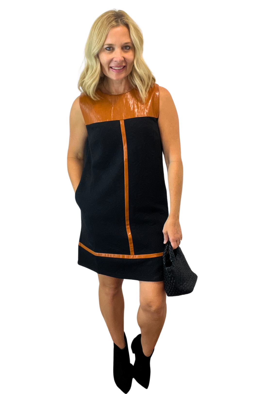 Leather Trim Textured Mini Dress Local Style House Leather Trim Textured Mini Dress Local Style House