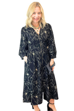 Black Floral Midi Dress with Zipper Front