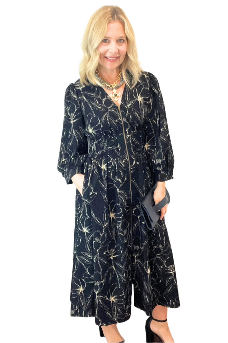 Black Floral Midi Dress with Zipper Front