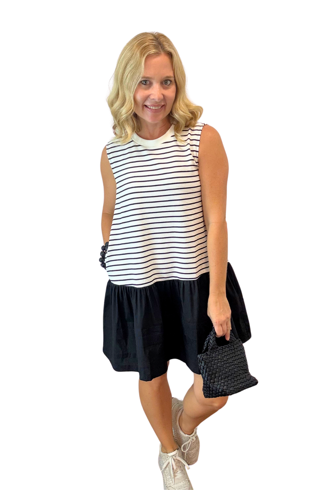 Striped Knit and Woven Mini Dress