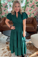 Bubble Sleeve V-Neck Midi Dress