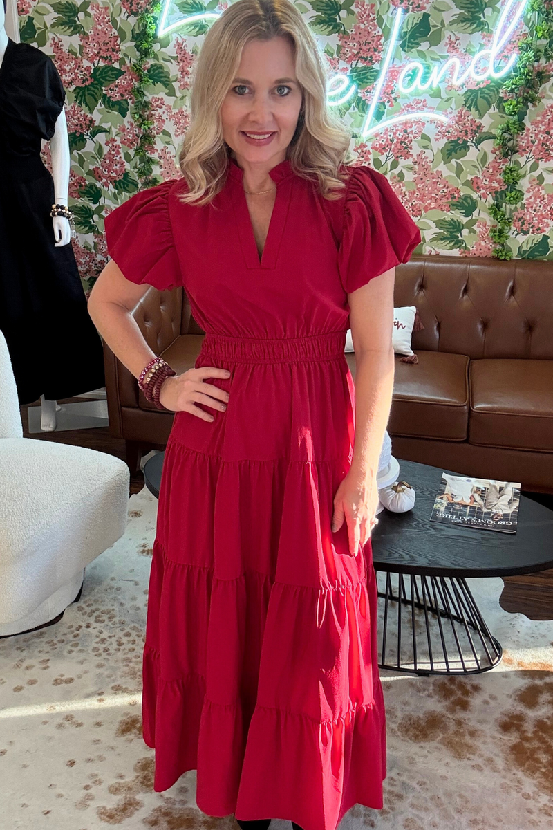 Bubble Sleeve V-Neck Midi Dress
