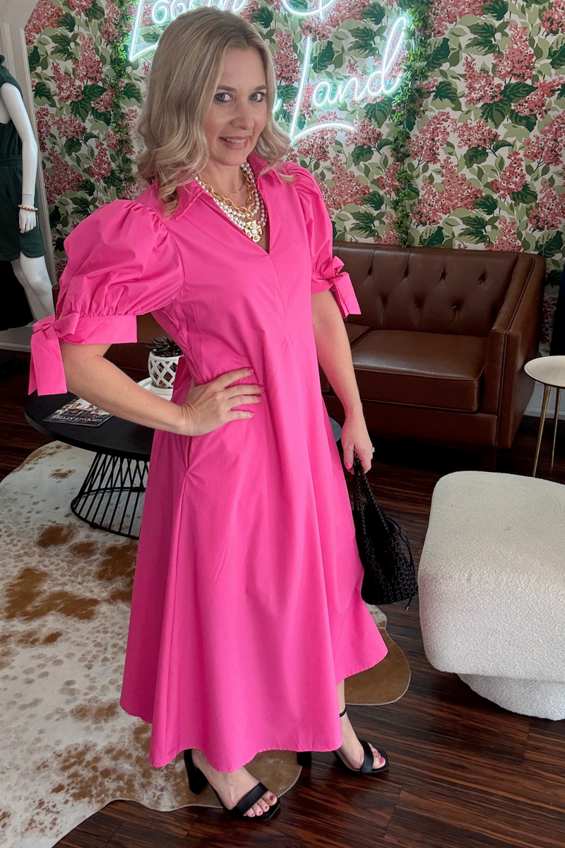 Barbie Pink MIdi Dress with Bow sleeve