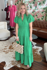 Bubble Sleeve V-Neck Midi Dress
