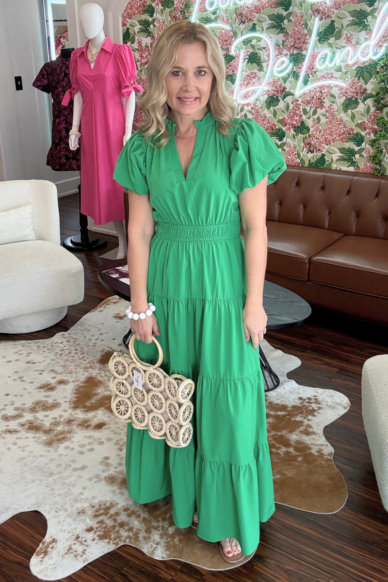 Bubble Sleeve V-Neck Midi Dress