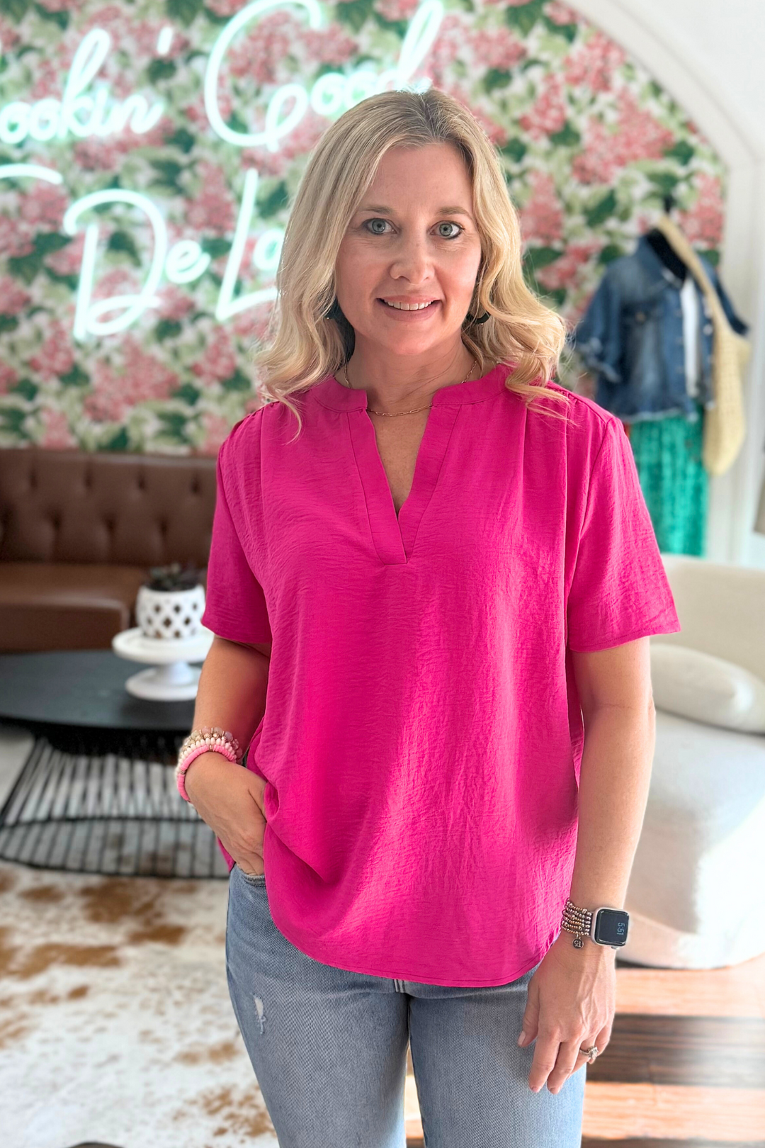V-Neck Top with Gathered Detail at Shoulders
