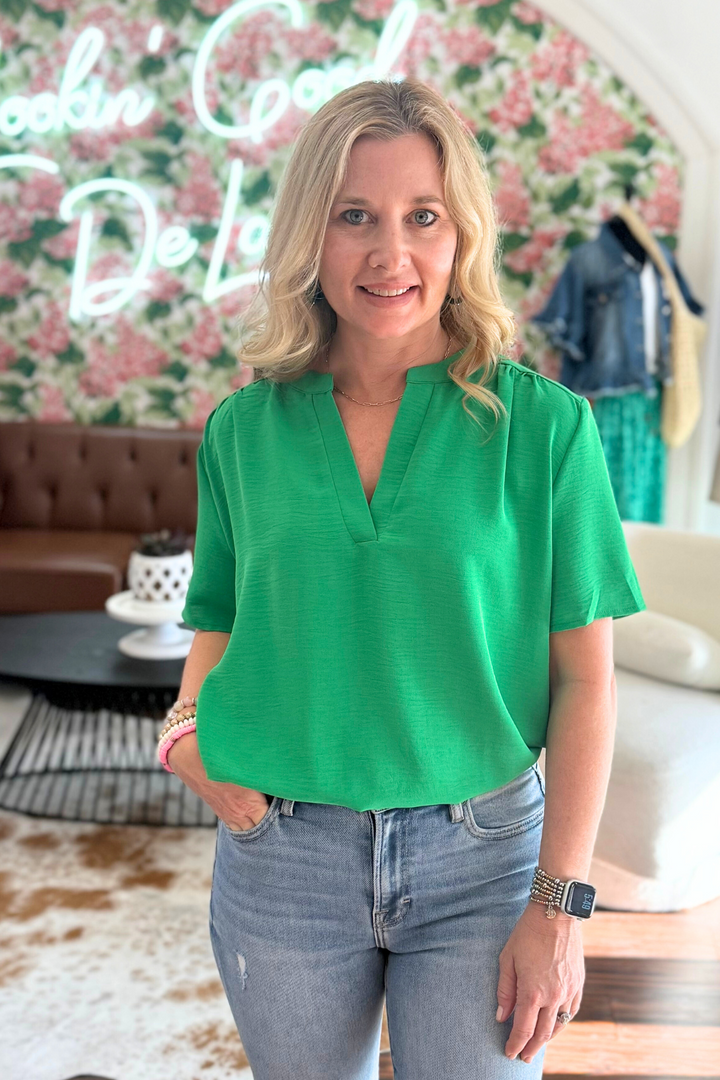 V-Neck Top with Gathered Detail at Shoulders