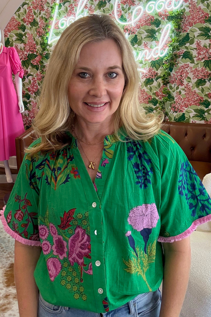 Short Sleeve Button Down Floral Print Top