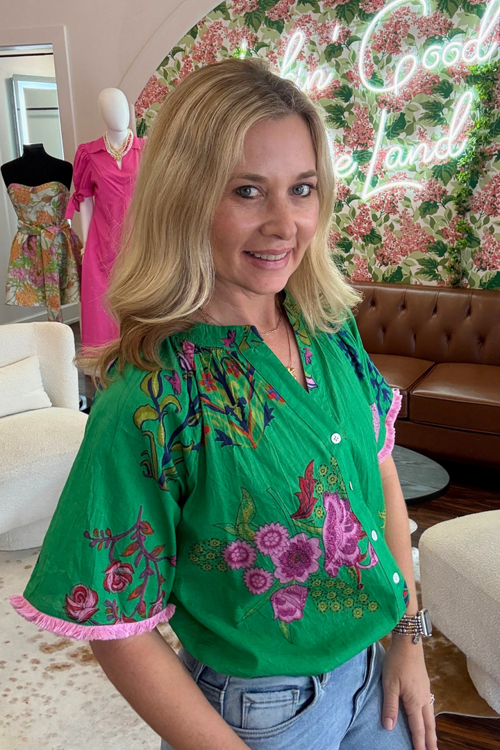 Short Sleeve Button Down Floral Print Top