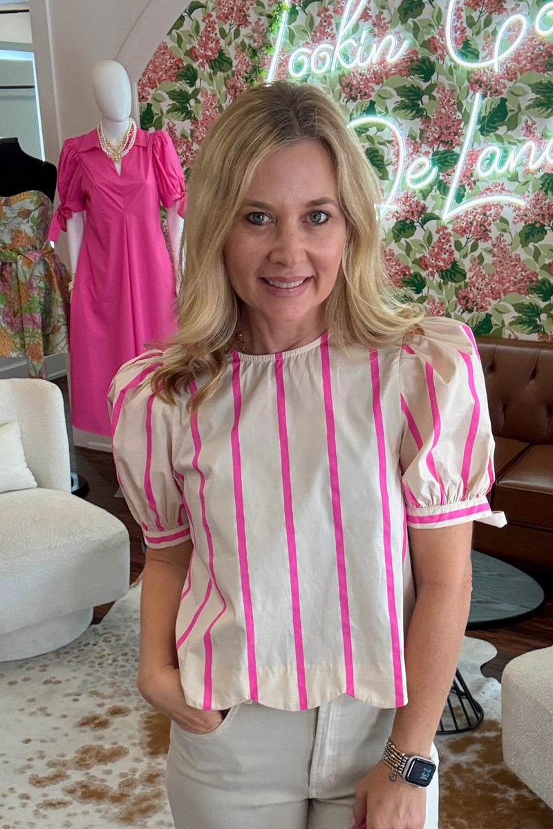 Pink and Cream Scallop Hem Short Sleeve Top