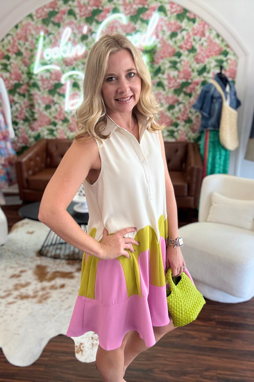 Cream Colorblock Mini Dress with Collar