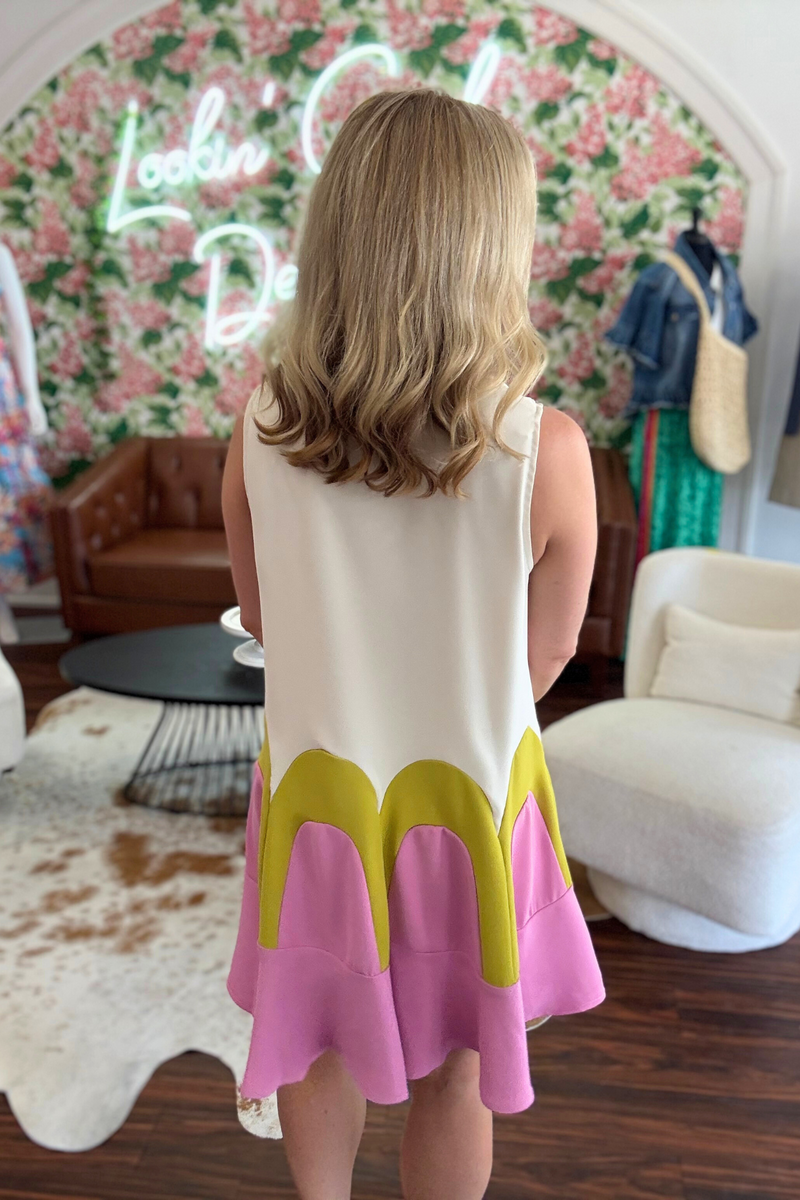 Cream Colorblock Mini Dress with Collar