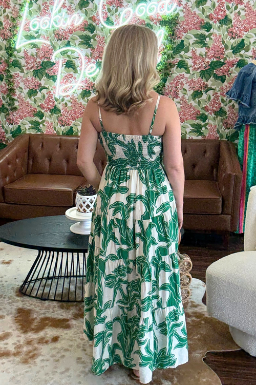 Green Botanical Print Midi Dress