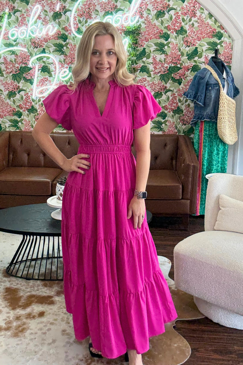 Bubble Sleeve V-Neck Midi Dress