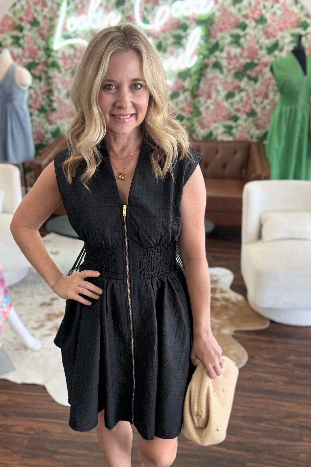 Jacquard Mini Dress with Zipper Detail Front