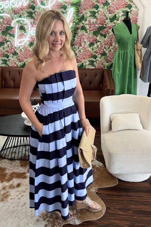 Strappless Blue Striped Midi Dress