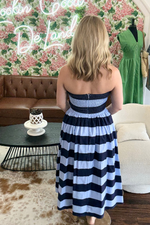 Strappless Blue Striped Midi Dress