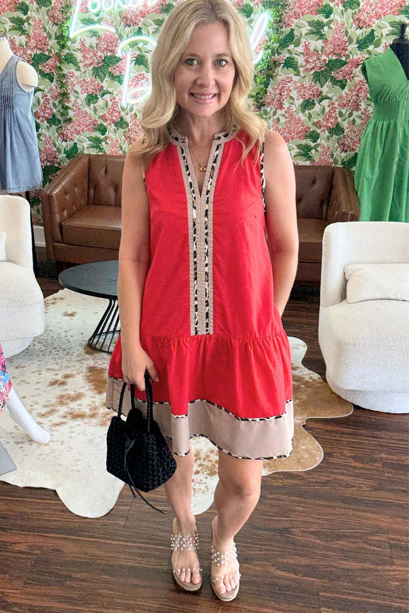 Red Mini Dress with Leopard Print Detail