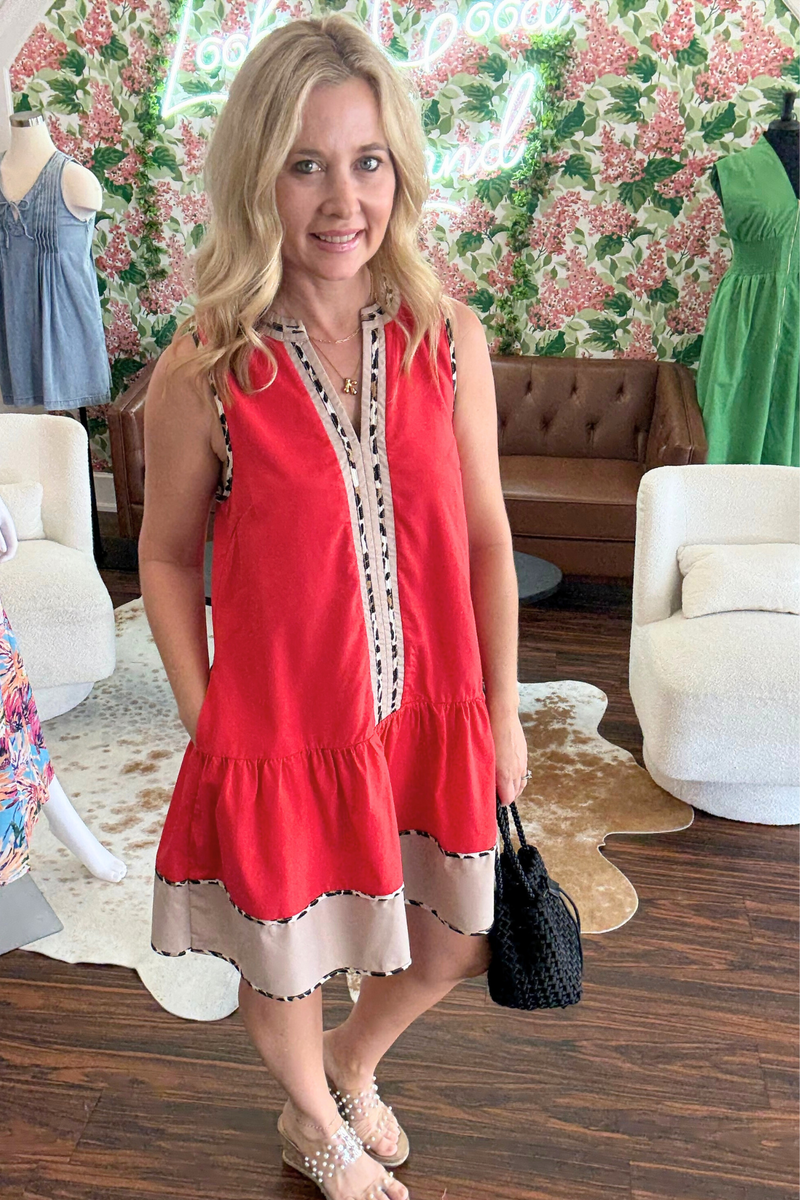 Red Mini Dress with Leopard Print Detail