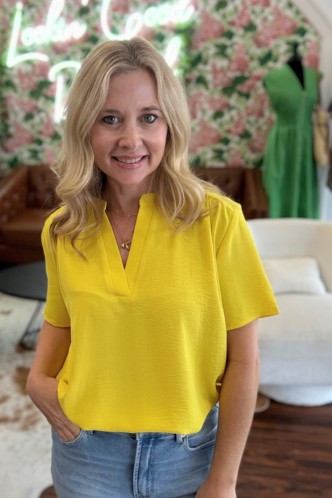 V-Neck Top with Gathered Detail at Shoulders