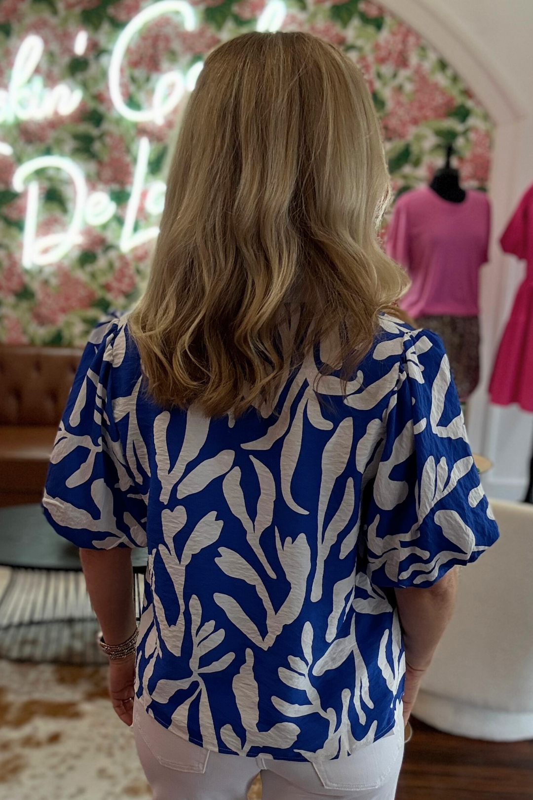 Blue and white Puff Sleeve Top