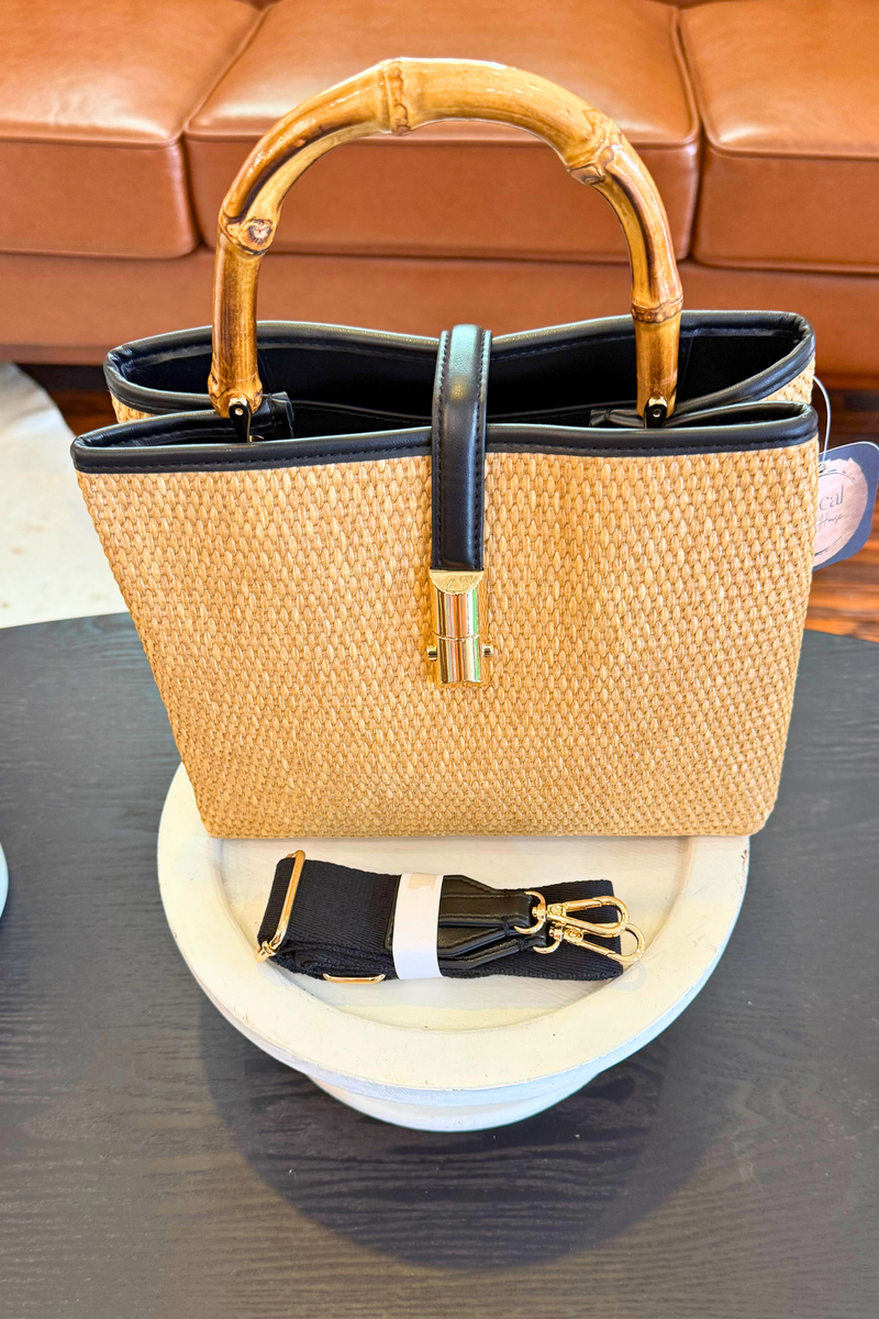 Straw Handbag with black Leather Trim