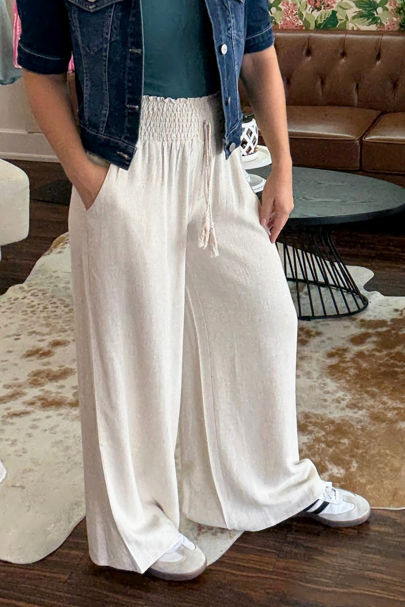 Linen Smocked Waist Wide Leg Pants