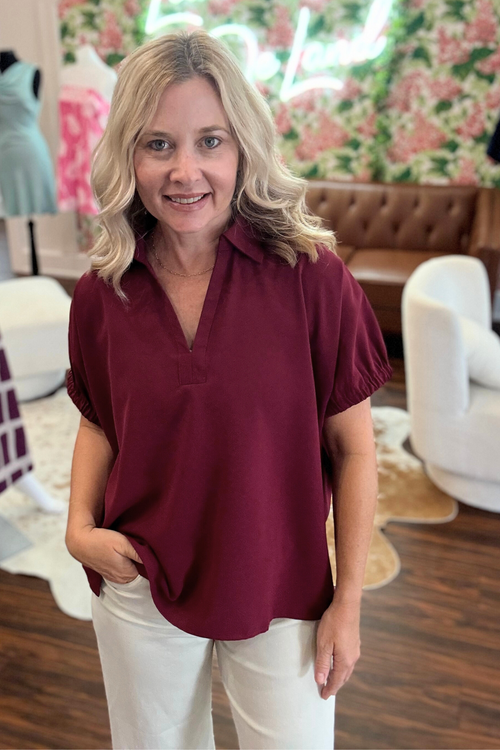 Short Sleeve Collard Split Hem Top