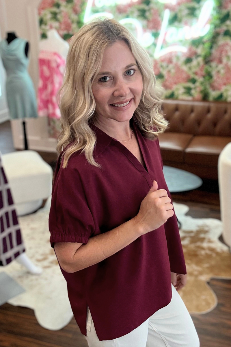 Short Sleeve Collard Split Hem Top
