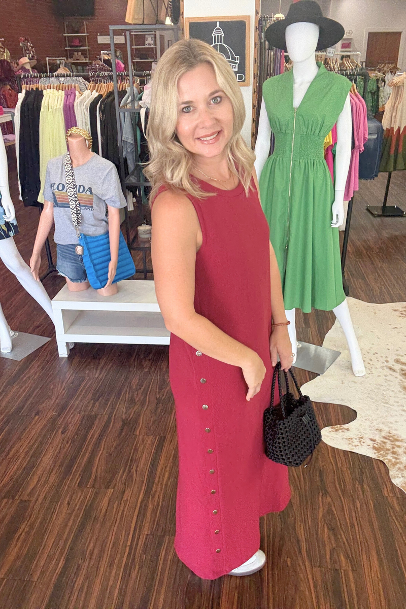 Pullover Midi Dress with Gold Button Detail