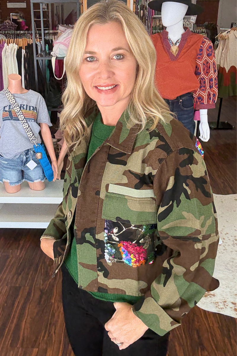 Camo Jacket with Sequin Detail