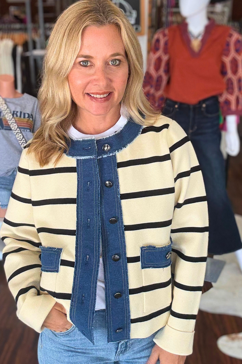 Striped Jacket with Denim Contrast