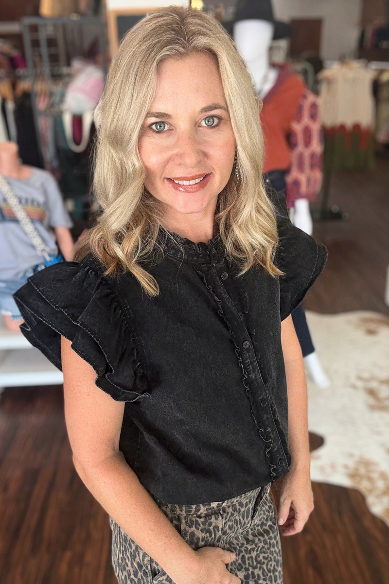Denim Button Down Top with Ruffle Sleeve