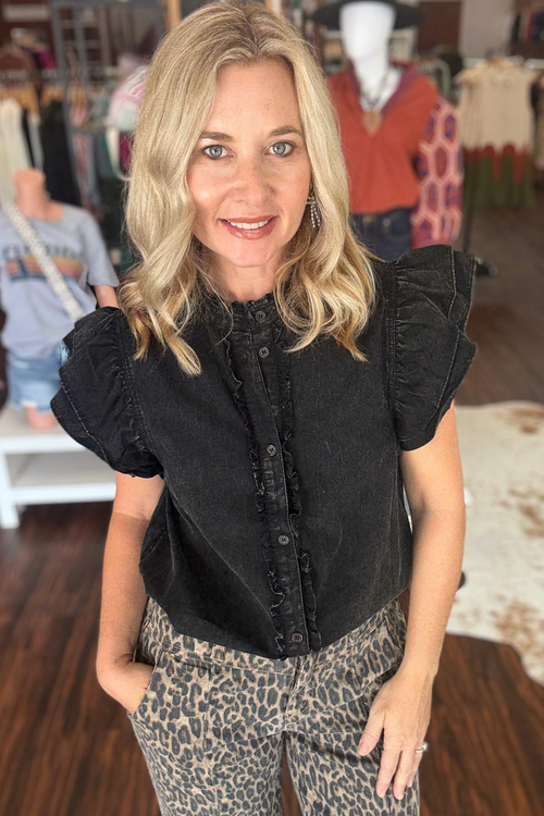 Denim Button Down Top with Ruffle Sleeve
