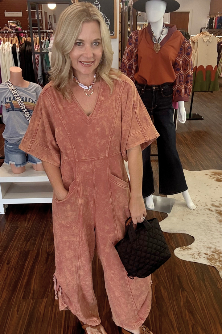 Short Sleeve V-Neck Jumpsuit